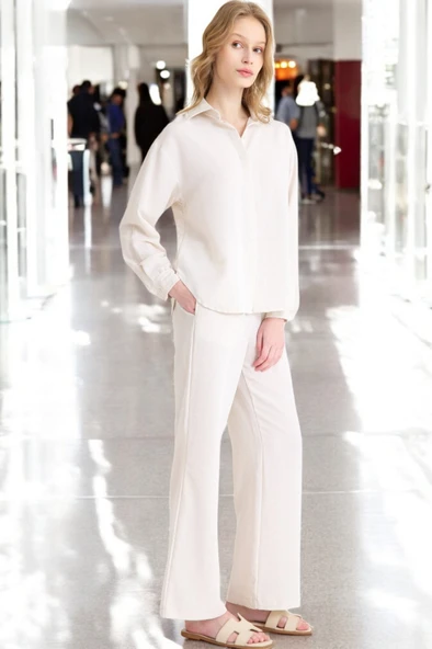 Yazlık Rahat Gömlek Pantolon İkili Keten Takım - 5