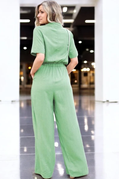 Yazlık Kısa Kollu Keten Tulum - Resim 2