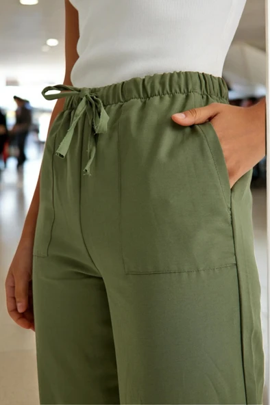 Beli Bağcıklı Yazlık Kadın Keten Pantolon - 7