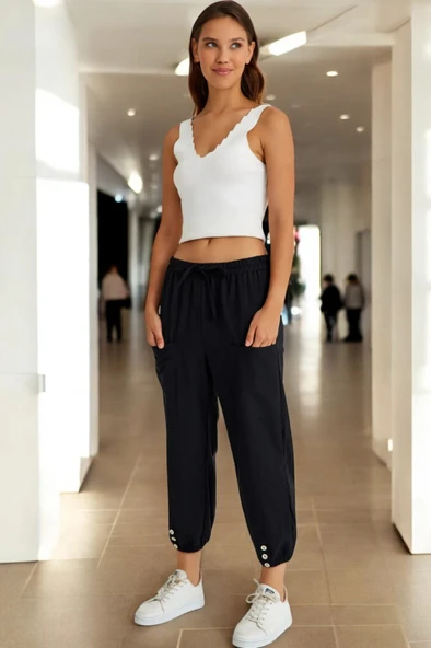 Yazlık Düğme Detaylı Kadın Keten Pantolon - 4