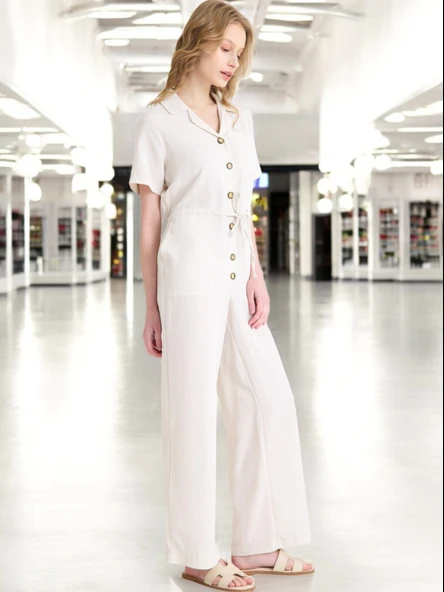 Yazlık Rahat Kısa Kollu Keten Tulum - Resim 3