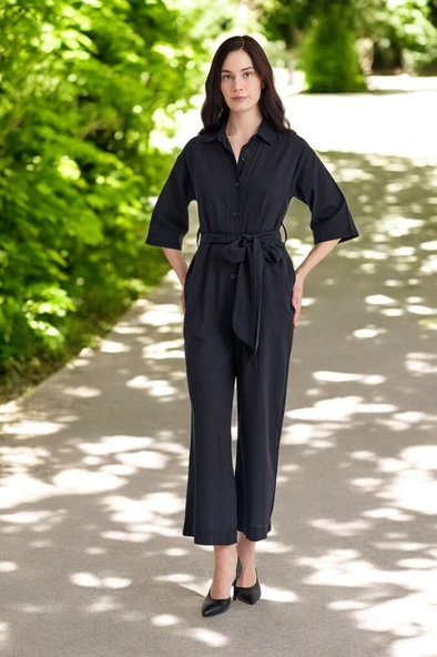 Yazlık Gömlek Yaka Keten Tulum - 5