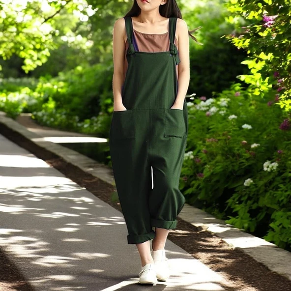 Yazlık Salopet Büyük Cepli Keten Tulum ürün görseli 1