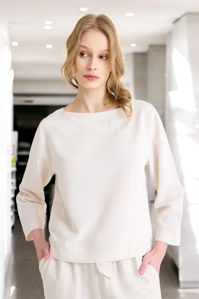 Yazlık Uzun Kol Bluz Pantolon İkili Keten Takım - 10