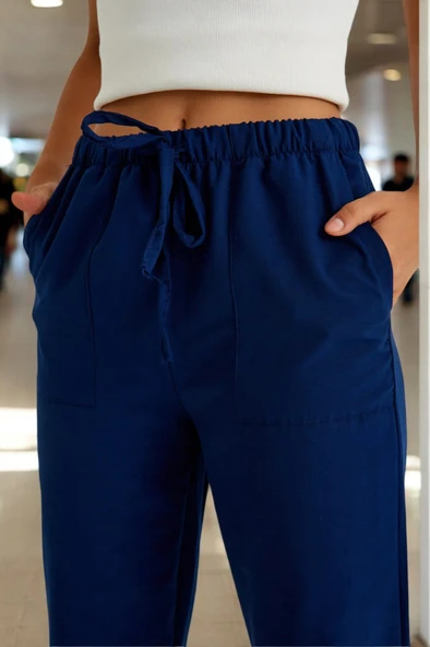 Yazlık Beli Bağcık Detaylı Keten Pantolon - 8