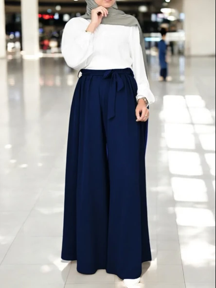 Yazlık Kemerli Kadın Keten Şalvar Pantolon ürün görseli 1