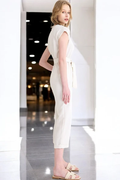 Yazlık V Yaka Kolsuz Keten Takım - Resim 5