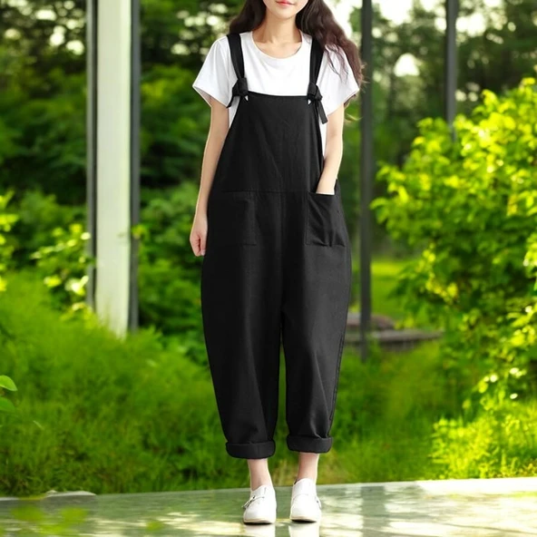 Yazlık Askılı Büyük Cepli Salopet Keten Tulum ürün görseli 1