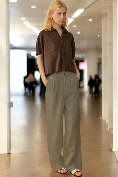 Günlük Düğmeli Keten Kadın Pantolon - 2