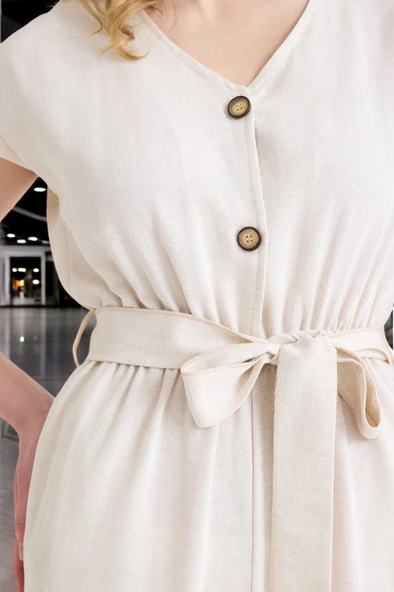 Yazlık V Yaka Kolsuz Keten Takım - Resim 11