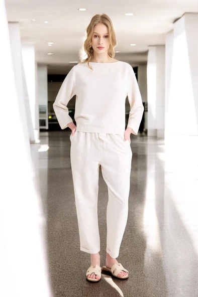 Yazlık Uzun Kol Bluz Pantolon İkili Keten Takım