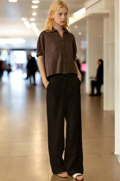 Yazlık Düğmeli Şık Keten Pantolon - Resim 2