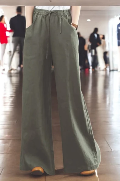 Yazlık Beli Lastikli Tasarım Keten Pantolon - 2