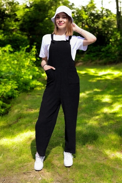 Yazlık Askılı Büyük Cepli Keten Tulum - 4