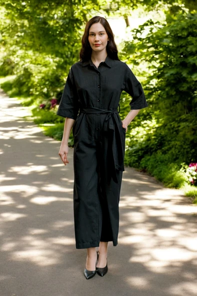 Yazlık Gömlek Yaka Keten Tulum - 1