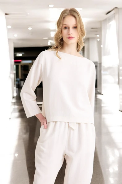 Yazlık Uzun Kol Bluz Pantolon İkili Keten Takım - 7