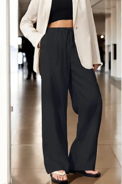 Günlük Beli Bağzıklı Şık Keten Pantolon