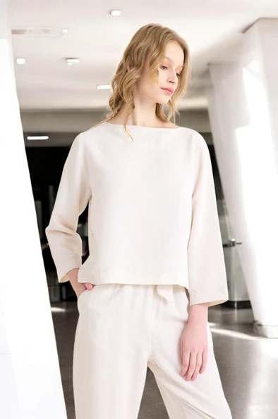 Yazlık Uzun Kol Bluz Pantolon İkili Keten Takım - 9