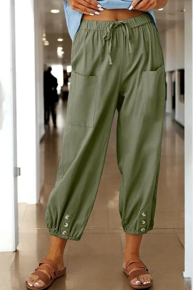 Beli Lastikli Düğme Detaylı Yazlık Keten pantolon ürün görseli 1