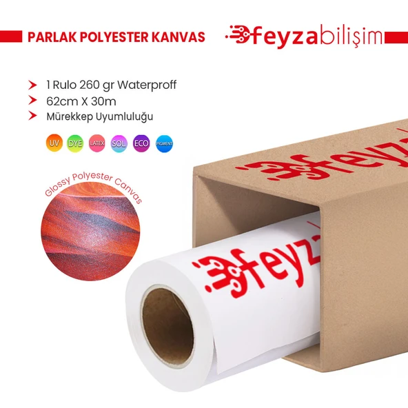 Feyza Bilişim  Polyester Glossy (Parlak) Kanvas 260 gr Dye  Tuval İç Mekan 62cm x 30 mt (1 Rulo)