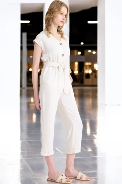 Yazlık V Yaka Kolsuz Keten Takım - Resim 6