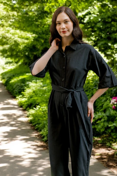 Yazlık Gömlek Yaka Keten Tulum - 10