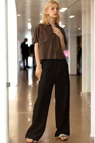 Yazlık Düğmeli Şık Keten Pantolon ürün görseli 1