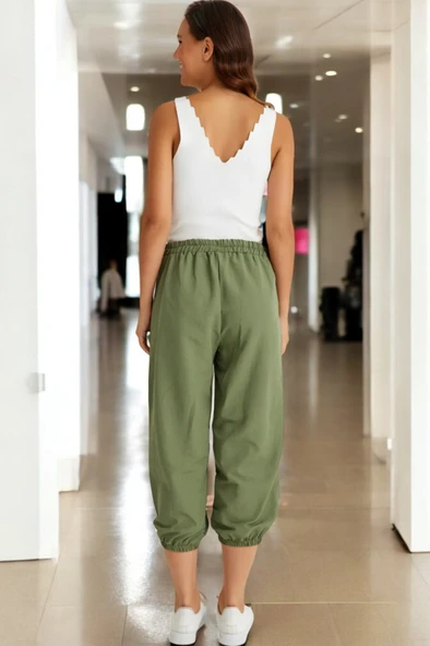 Beli Lastikli Düğme Detaylı Keten pantolon - 2