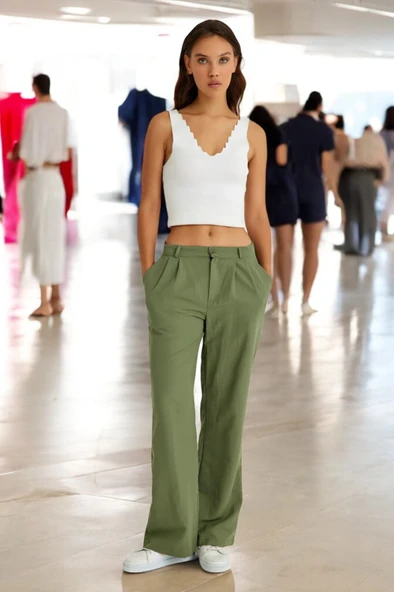 Yazlık Düğmeli Keten Kadın Pantolon