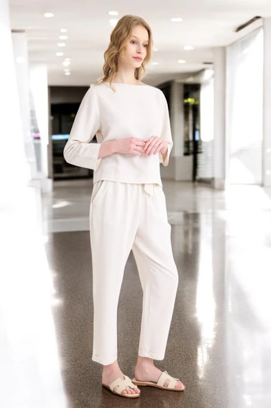 Yazlık Uzun Kol Bluz Pantolon İkili Keten Takım - 5