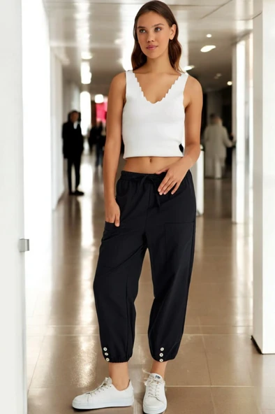 Yazlık Düğme Detaylı Kadın Keten Pantolon