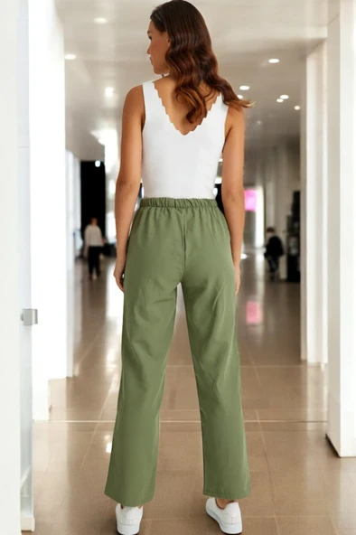 Beli Bağcıklı Yazlık Kadın Keten Pantolon - 2