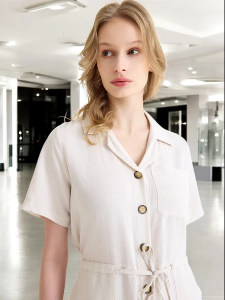 Yazlık Rahat Kısa Kollu Keten Tulum - Resim 8