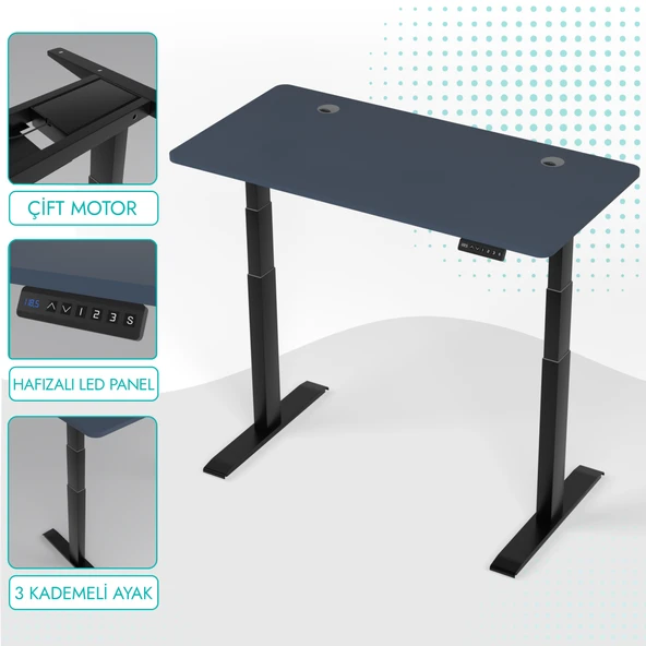 O-Flex Duo Çift Motorlu Elektrikli Yükseklik Ayarlı Masa - 160x80 - Pasifik Mavi