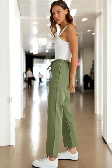 Beli Bağcıklı Yazlık Kadın Keten Pantolon - 3