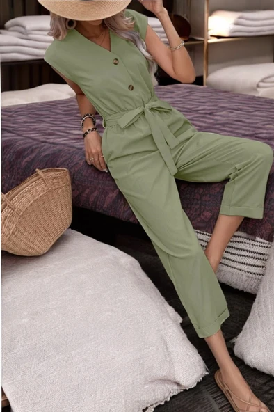 Yazlık V Yaka Kolsuz Tasarım Keten Tulum - Resim 3