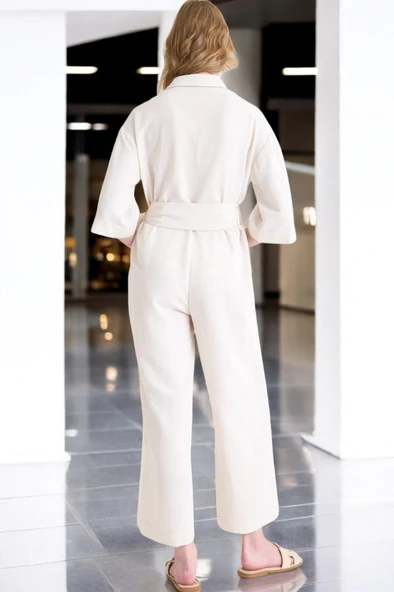 Yazlık Rahat Gömlek Yaka Keten Tulum - 2