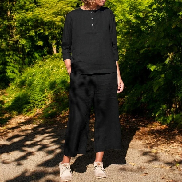 Yazlık Uzun Kollu Alt Üst Keten Takım ürün görseli