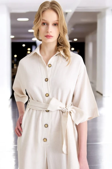 Yazlık Rahat Gömlek Yaka Keten Tulum - 9