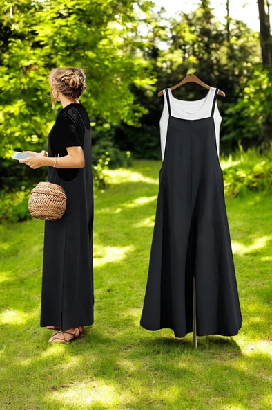 Bol Kesim Yazlık Askılı Keten Tulum - Resim 2