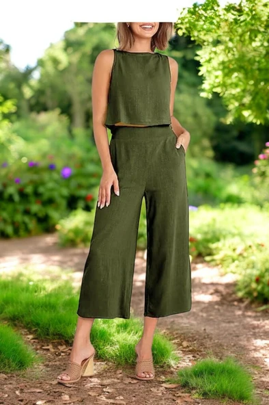 Yazlık Sırt Detaylı Keten Takım - Resim 4