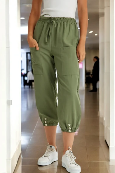 Beli Lastikli Düğme Detaylı Keten pantolon - 4