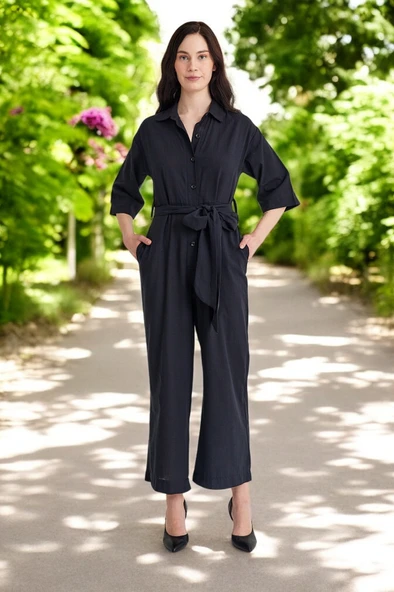 Yazlık Gömlek Yaka Keten Tulum - 7