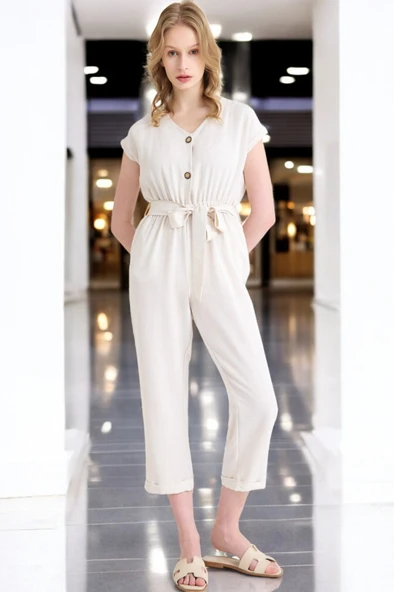 Yazlık V Yaka Kolsuz Keten Takım - Resim 4