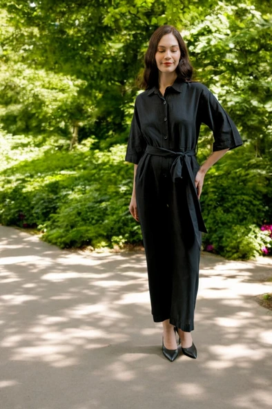 Yazlık Gömlek Yaka Keten Tulum - 11