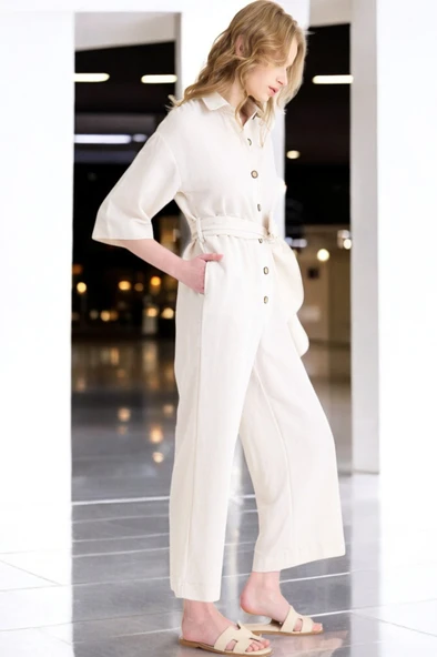 Yazlık Rahat Gömlek Yaka Keten Tulum - 3