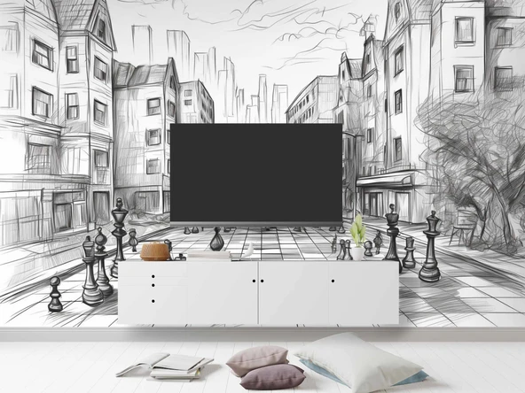 Kara Kalem Santranç ve Sokak Çizim Duvar Kağıdı Baskı - Resim 3