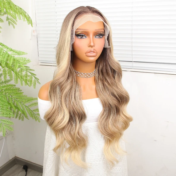 Kumral Dore Sarı Ombre  ve Röfleli Fiber Sentetik Geniş Dalgalı Tül Peruk - Resim 3