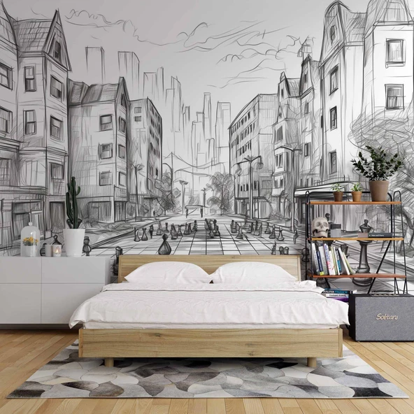 Kara Kalem Santranç ve Sokak Çizim Duvar Kağıdı Baskı - Resim 2