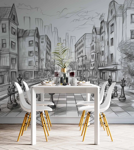 Kara Kalem Santranç ve Sokak Çizim Duvar Kağıdı Baskı - Resim 5